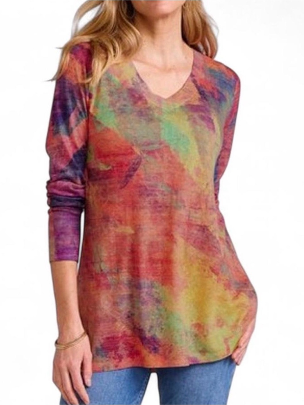 Soft Surroundings Plein De Couleurs watercolor art inspired long sleeve top Med
